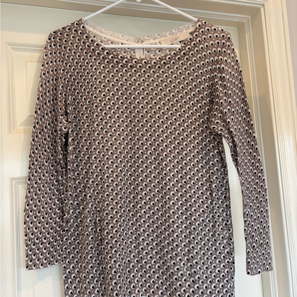 LOFT Scoop Neck Long Sleeve Patterned Sweater - Black, White, Taupe